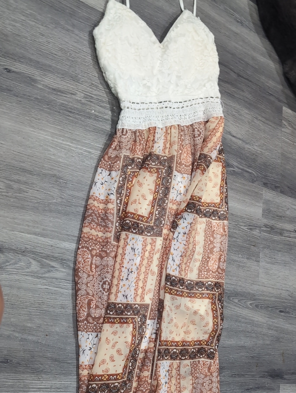 Justify White Lace Bodice Brown Patchwork Maxi Dress